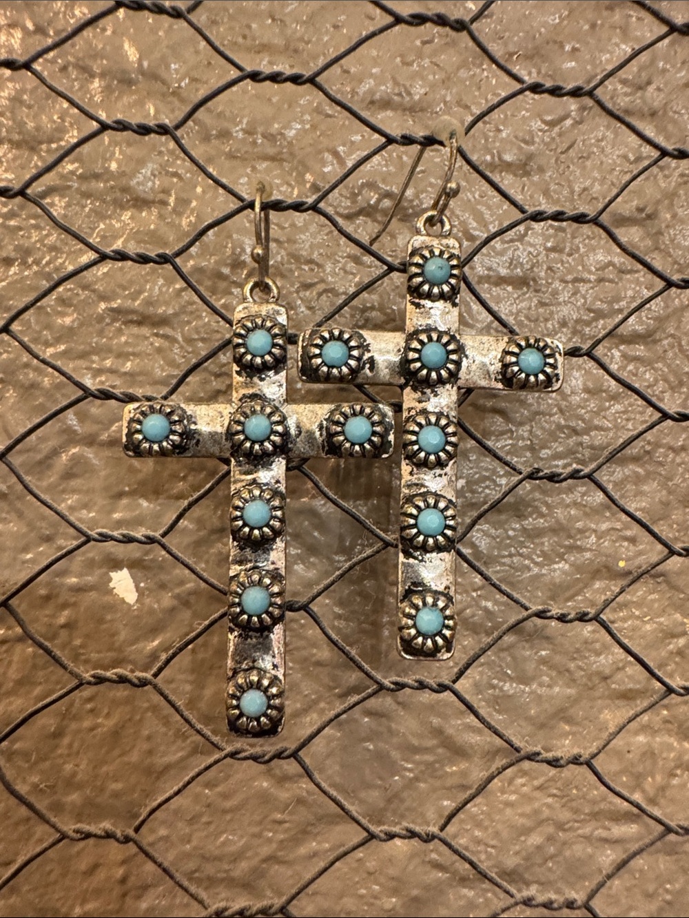 Turquoise Accent Silver Cross Dangle Earrings - Women's Jewelry